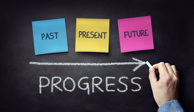 Past present and future time progress concept on blackboard or chalkboard