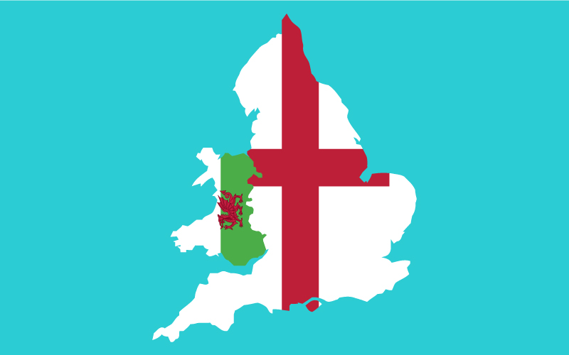 Map of England and Wales on blue background.